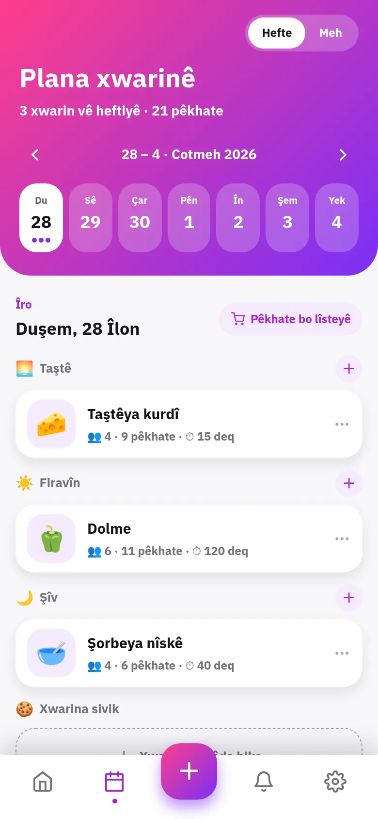 Xwarina heftiyê plan bike, bi yek tikandinê bikire