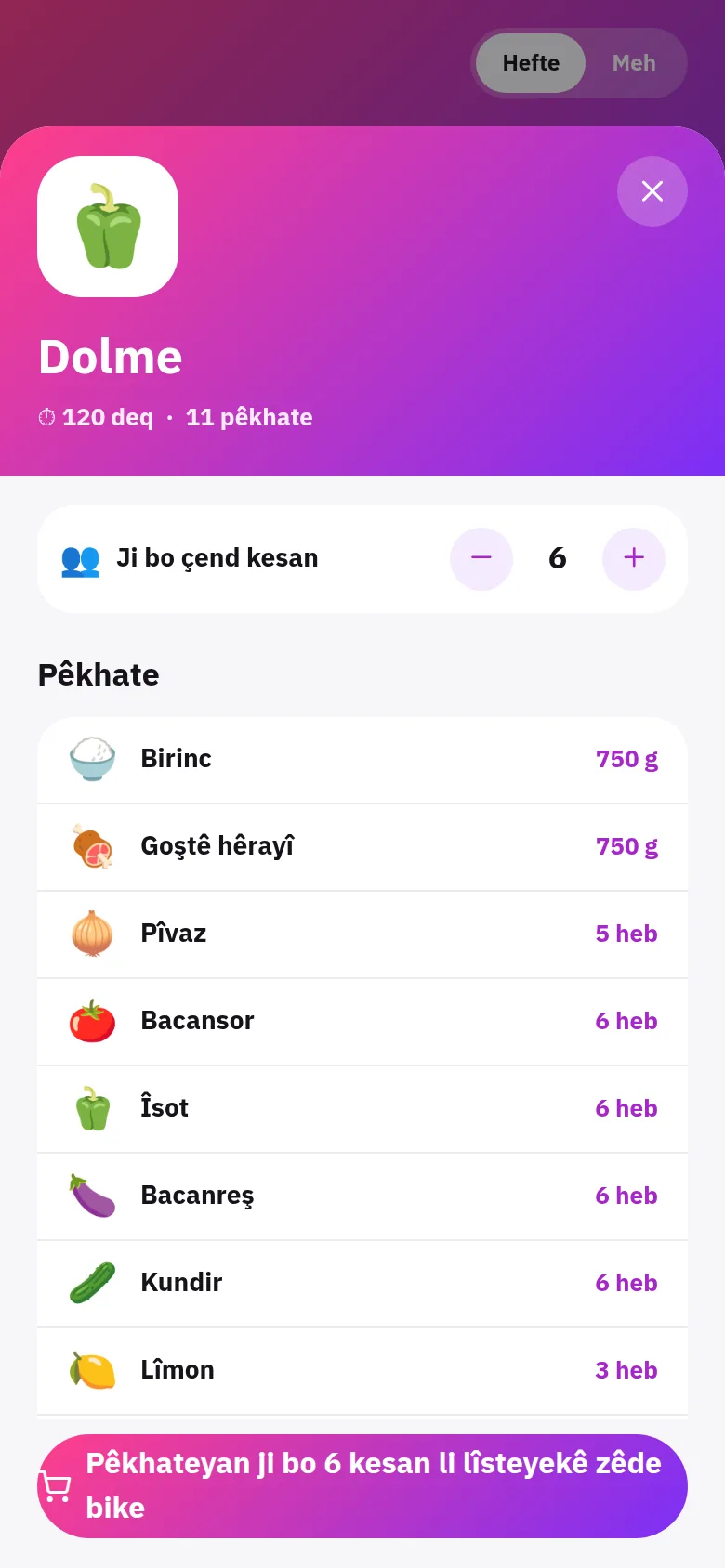 Xwarina heftiyê plan bike, bi yek tikandinê bikire