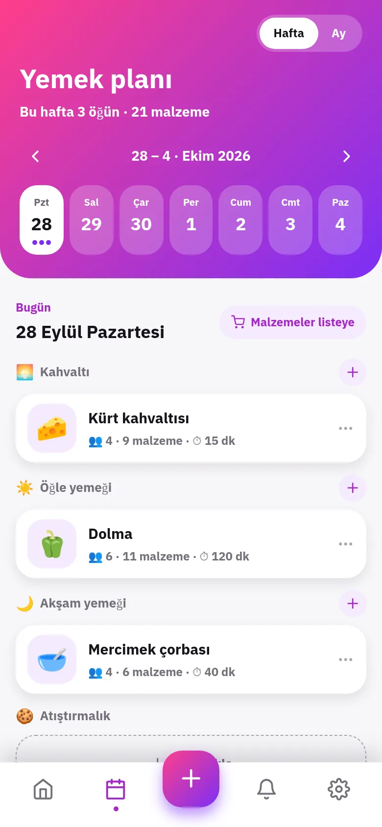 Haftanın yemeğini planla, tek dokunuşla al